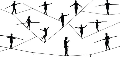 Silhouette acrobats performing dangerous tightrope walking, circus balance act, extreme risk challenge, rope walker illustration, stunt performance, artistic danger concept design © Mim's World