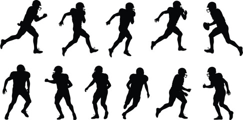 Silhouette American football players running with ball, action poses, outdoor sport training, athletic competition, teamwork energy, strength strategy, game performance