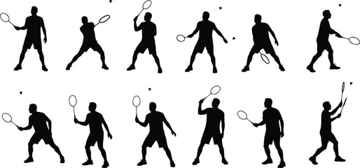 Silhouette badminton players practicing shots, hitting shuttlecock with racket, sports action poses, fitness training, competitive game, athletic motion sequence illustration design