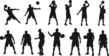 Silhouette basketball players in action, holding ball, shooting, dribbling, passing, training, fitness workout, competition, sport teamwork, athletic lifestyle, performance
