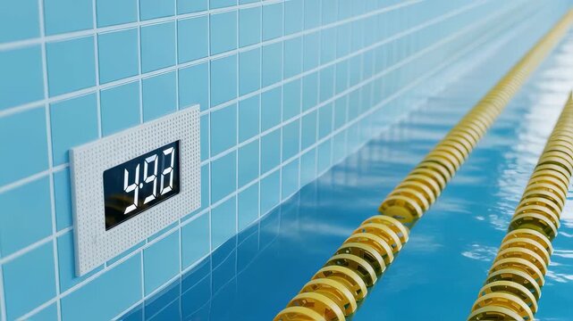 Electronic timing touchpad embedded in tiled pool wall with floating lane lines stretching into the distance.