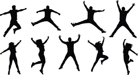 Silhouette group of people jumping in air, joyful energy, happy celebration, freedom lifestyle, success concept, active dance movement, vitality expression