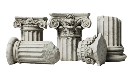 Classical Greek and Roman architectural columns, broken and upright, isolated on white & transparent background. Ideal for historical studies, legal branding, educational content,