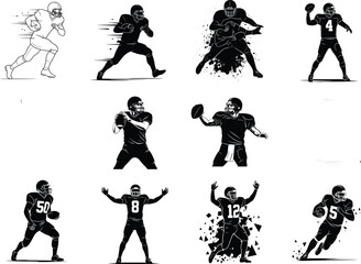 American football players in dynamic action poses, quarterback throwing, tackling impact, running back sprinting, celebration gestures, black and white vector illustration set