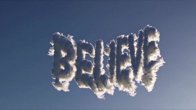 Aerial video shot of fluffy clouds forming the word 'Nike' against a clear blue sky, capturing a surreal and artistic concept from a low angle. Live desktop wallpaper.