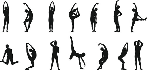 Silhouette men practicing yoga, stretching, dance poses, body movement, workout, fitness training, meditation, flexibility, sport exercise, wellness lifestyle, strength