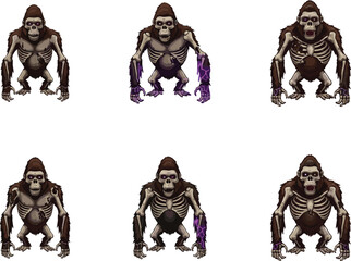 Skeletal gorilla creature variations with glowing energy, aggressive poses, stylized anatomy, horror monster concept for gaming, animation, and fantasy art