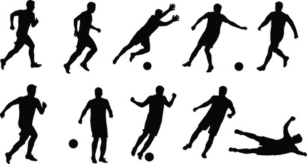 Silhouette of football players in dynamic soccer actions with ball, running, kicking, jumping, training, sports competition, athletic movement illustration design