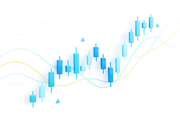 A clean 3d stock market chart with candlestick data, showing financial growth and trending fluctuations on a white background