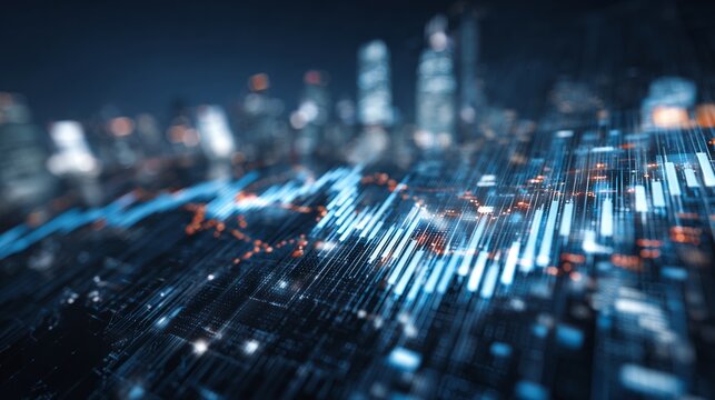 A captivating digital representation of a bustling metropolis, intricately woven with shimmering data streams, and complex technological framework at night. 