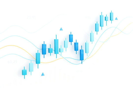 A clean 3d stock market chart with candlestick data, showing financial growth and trending fluctuations on a white background