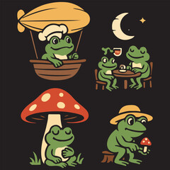 Naklejka premium Romantic Frog and Mushroom Cartoon Bundle,Cute Chef, Relaxing & Night Toadstool Vector Set