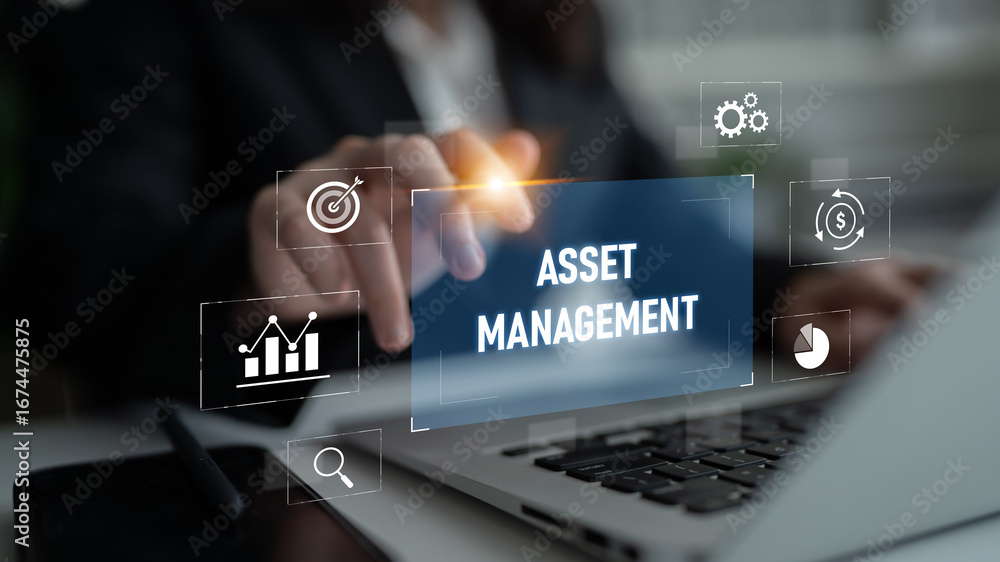Poster asset management system showing investment planning, financial goal tracking, roi analysis, and perf
