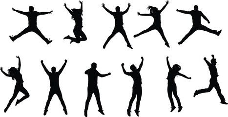 Silhouette of people jumping with joy, energetic men and women poses, happy lifestyle, freedom concept, active youth, black vector illustration