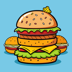 A grilled beef hamburger with cheese, lettuce, and tomato on a sesame bun, isolated on a white background