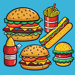 A vector illustration set of popular fast food icons including hamburgers, pizza, hotdogs, and friesA vector illustration set of popular fast food icons including hamburgers, pizza, hotdogs, and fries