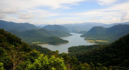 Panoramic View of Lush Green Mountains and Serene River Winding Through Dense Tropical Forest Landscape