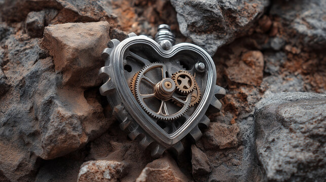 
A silver metal heart gear mechanism resting on a brown rock, featuring intricate details, metallic shine, and industrial-meets-nature aesthetic.