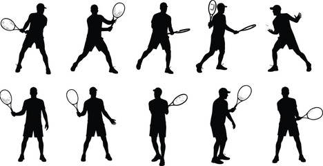 Silhouette of tennis player with racket, sport man in action poses, athlete hitting ball, active lifestyle concept, vector illustration design
