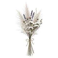 A delicate bouquet of white and purple flowers tied with twine on a white background display art