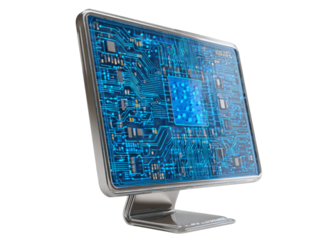 Futuristic computer monitor circuit board display technology, Isolated On Transparent Background - Powered by Adobe