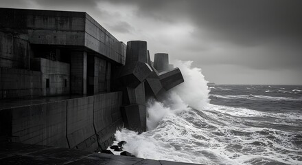 Dramatic Black and White Seascape of Concrete Breakwater and Crashing Waves During Stormy Weather, Coastal Protection, Powerful Ocean, Dramatic Sky