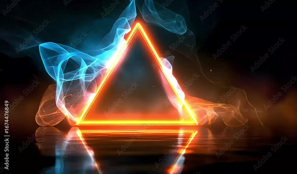 Poster abstract neon triangle with smoke and reflection.