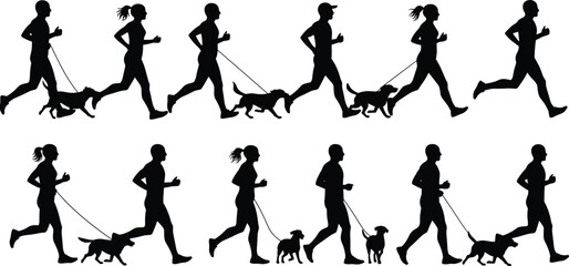 Silhouette people jogging with dogs, outdoor running activity, pet exercise lifestyle, fitness training routine, active health, canine walking companion, sport illustration design