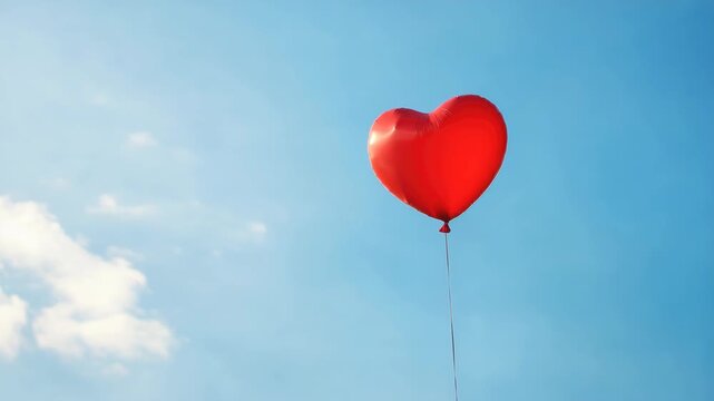 Single red heart-shaped balloon floating against clear blue sky