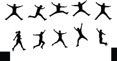 Silhouette people jumping, active lifestyle, freedom expression, sport movement, energetic youth, fitness activity, outdoor exercise, celebration joy, dynamic motion, success achievement pose