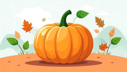 Cartoon-style illustration featuring a large orange pumpkin with green stem and leaves, autumn background
