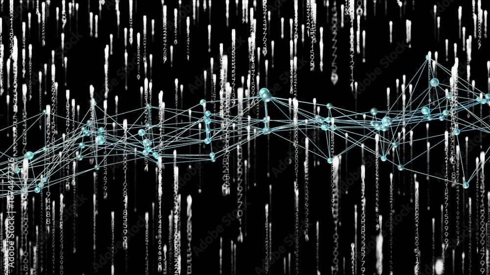 Poster opening featuring numeric code streaming and wireframe network graph undulating visualizing data