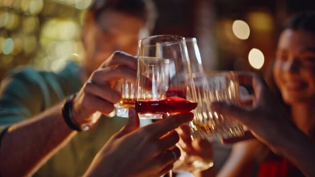 Relaxed people clinking glasses at evening bar gathering closeup. Happy friends