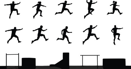 Silhouette sequence of athlete running and jumping over obstacles, track and field sport, long jump, high jump, training, fitness, competition illustration