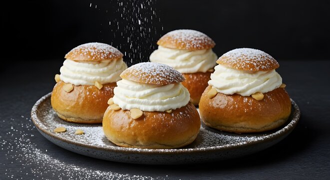 Swedish semla buns with almond paste and cream, styled with powdered sugar in warm bakery setting