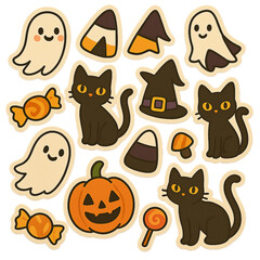 Set of cute Halloween stickers including black cats, ghosts, pumpkin, candies, witch hat and festive elements on a transparent background.