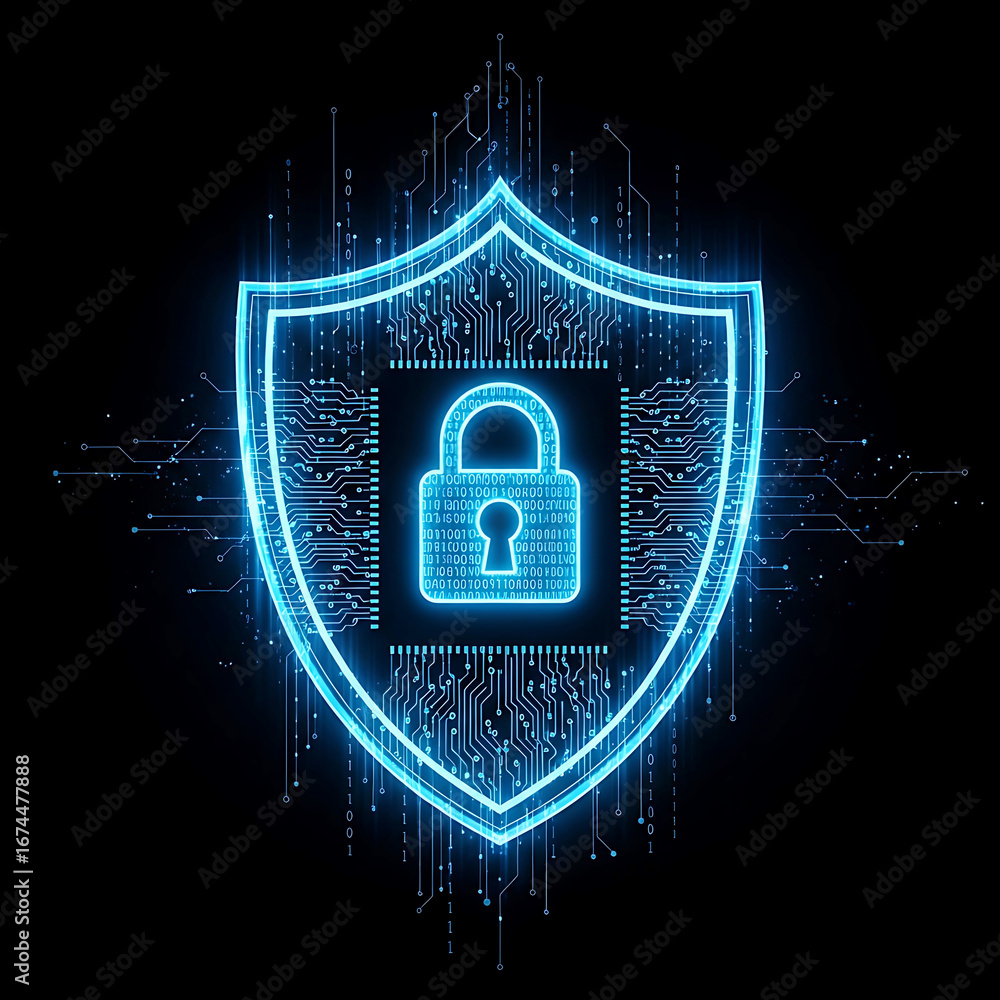 Poster glowing blue shield with a lock icon inside, set against a dark background with digital circuit patt