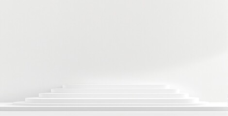Obraz premium Minimal white podium stage with layered steps on clean background for product display or branding concept mockup template design scene. Ai generative