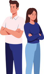 Fototapeta premium Young man and woman standing with arms crossed in casual clothing vector illustration 