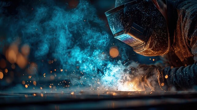 Welder working in factory with sparks and smoke at night in dark, industrial workshop