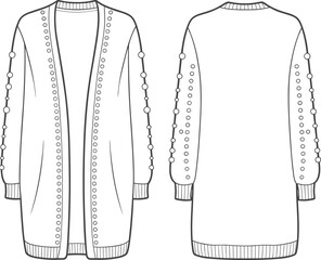 Long cardigan with decorative buttons, open front design, ribbed cuffs and hem, cozy knitwear, casual fashion, winter style, CAD drawing, flat vector illustration