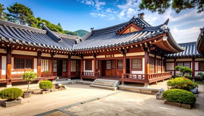 Fototapeta premium Korean Traditional House with courtyard under a blue sky.