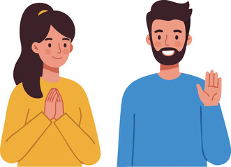Smiling woman with hands together and man waving greeting in colorful casual clothes vector illustration 