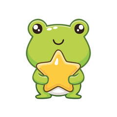 Fototapeta premium A cute cartoon frog holding a golden star, exuding charm and joy. The frog's green skin, big eyes, and the star create a delightful image