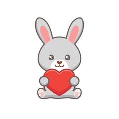 Obraz premium A charming cartoon bunny holding a heart symbol, perfect for conveying love and affection. The bunny's innocent eyes and the bright red heart create a heartwarming scene.
