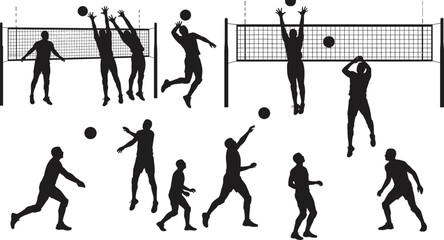Silhouette volleyball players jumping, blocking ball over net, competitive team sport, outdoor game activity, male athlete action, fitness training, dynamic motion illustration