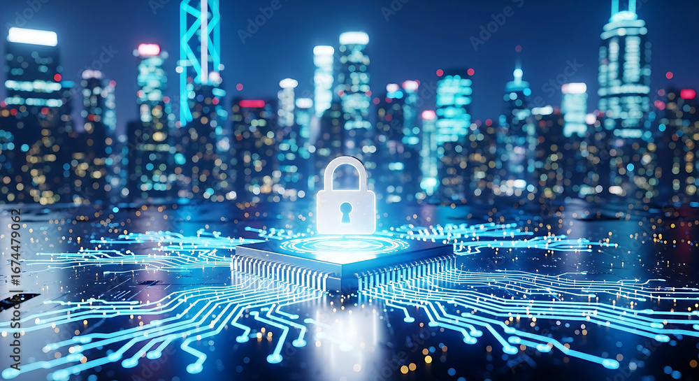 Aufkleber cybersecurity concept with a glowing padlock on a microchip surrounded by digital circuits and a cit