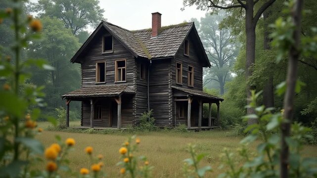 Old ruined wooden houses. Clip. Summer shooting of large gardens with houses after fires.
