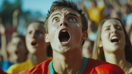 Excited young man screaming with open mouth among cheering crowd at sporting event.