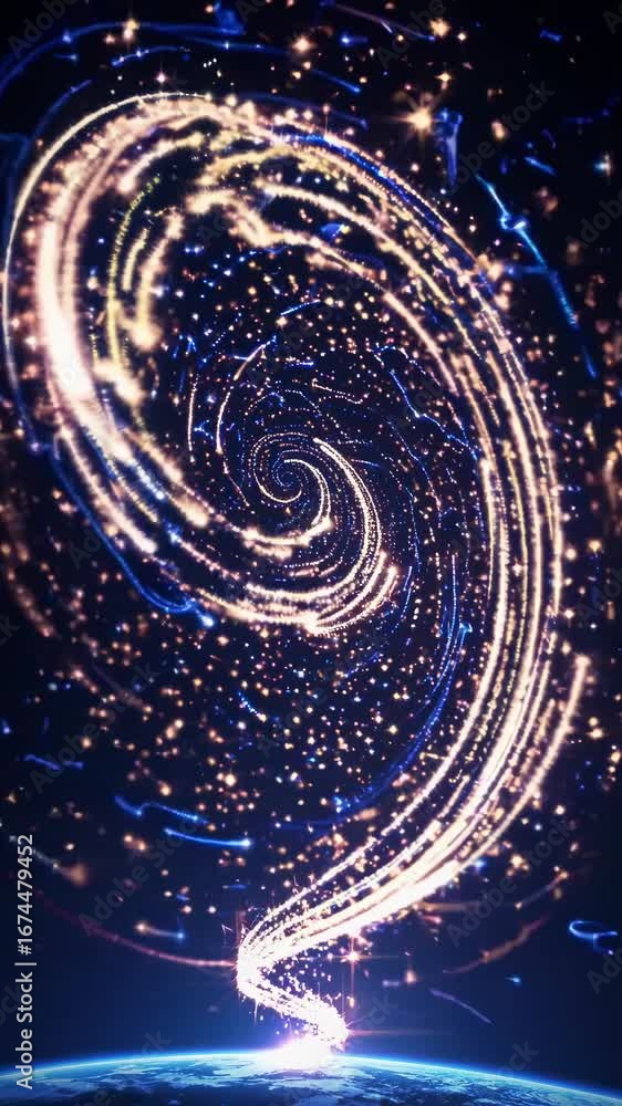 Poster a mesmerizing video concept with a spiral of sparkling lights in space, captured from a low-angle vi